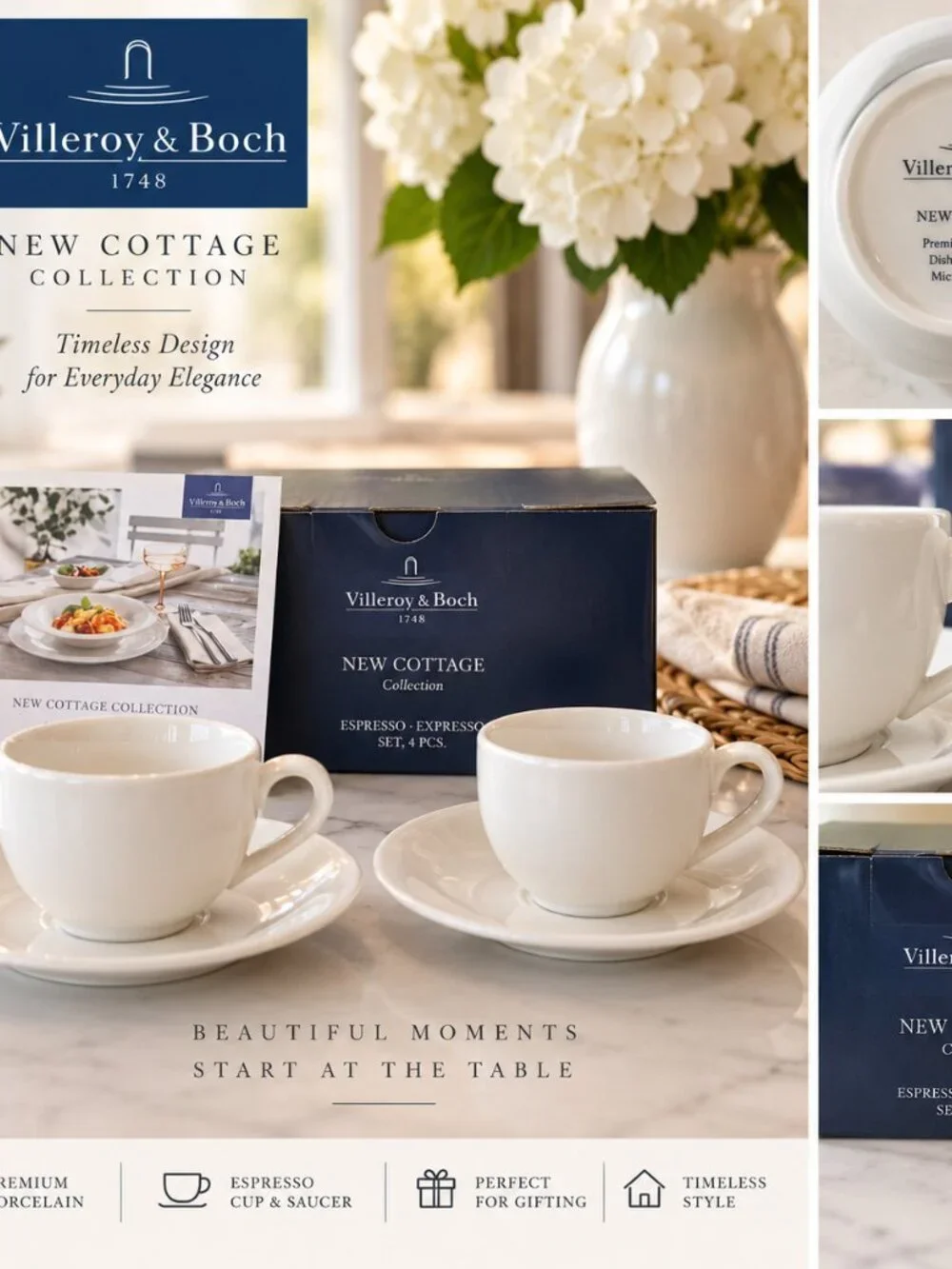 Villeroy & Boch New Cottage Espresso Cups & Saucers 4 Pc Set NIB